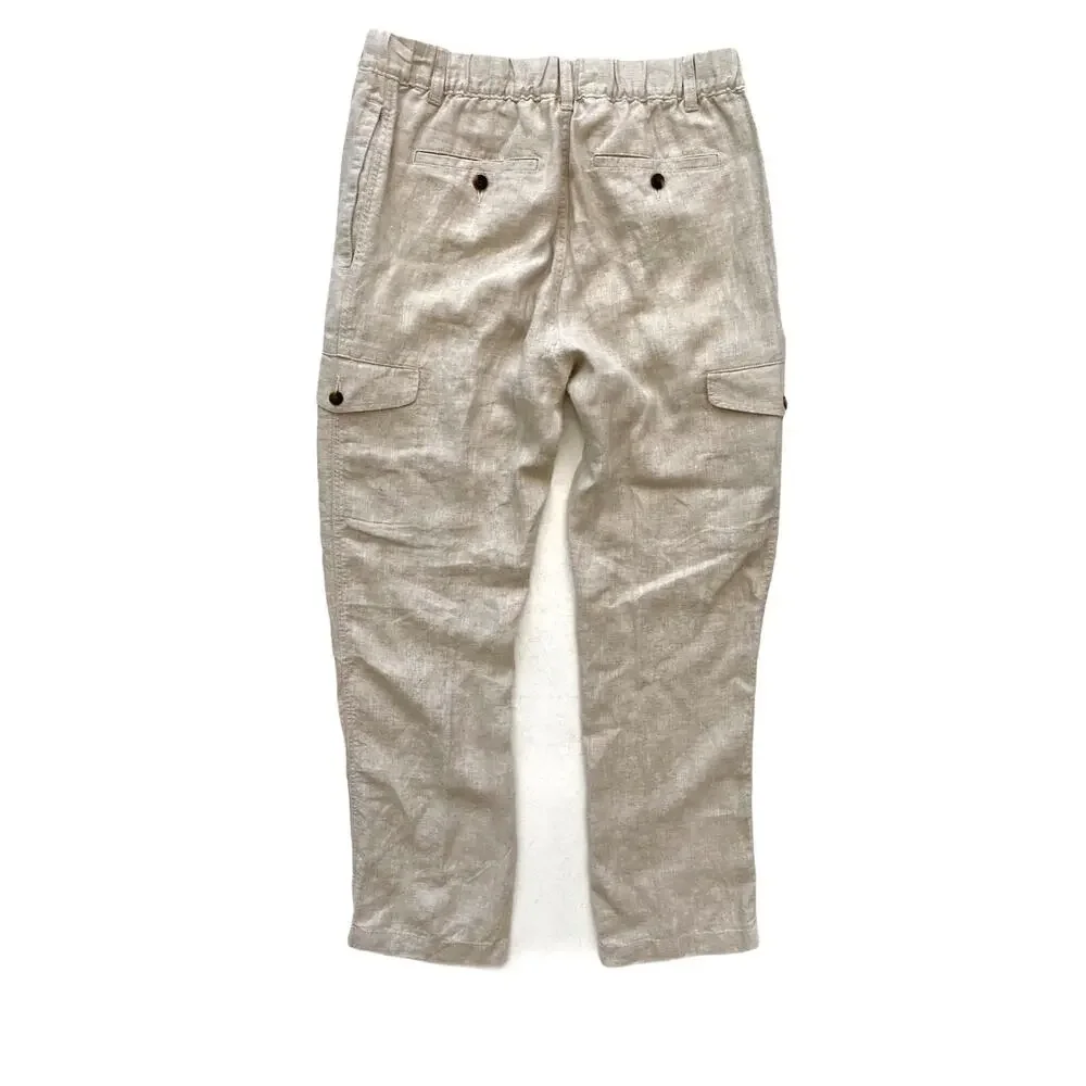 Caribbean Roundtree Yorke Nwt Natural Khaki Linen Drawstring Cargo Pants 46 x 32